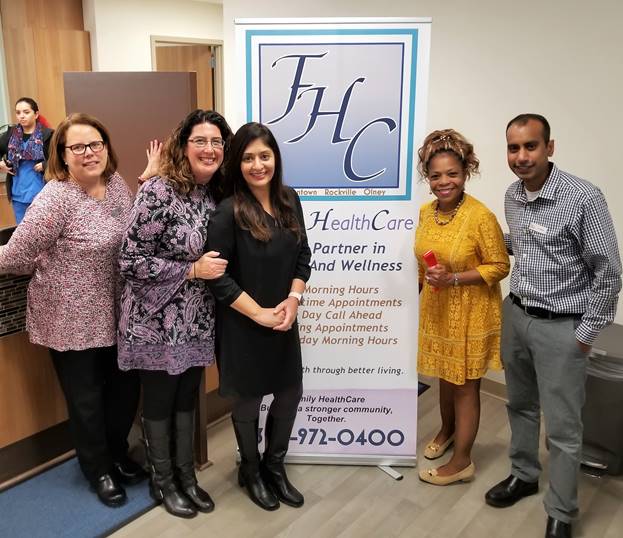 (l:r) Family HealthCare, P.C.’s Dr. Martha Skurla, M.D.; Dr Megan Wollman– Rosenwald, M.D; Dr Rita Sharma, M.D.; Dr Monica Howard, D.O., Managing Partner; and Dr Jimmy Sheikh, M.D. at their ribbon cutting celebration. All the doctors in the practice are Family Medicine. Their new office is on the campus of the Germantown Holy Cross Hospital. (photo credit: Laura Rowles, GGCC Director of Events & Marketing)